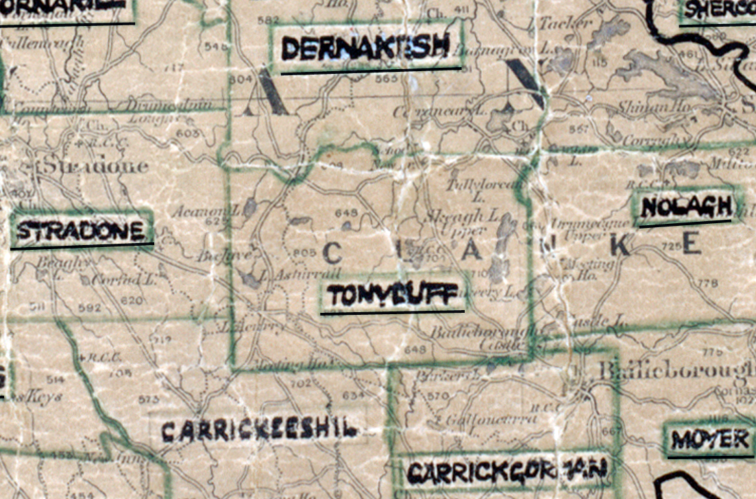 A scanned, worn historical map from the 1940s of the  rural electrification area around Tonyduff.