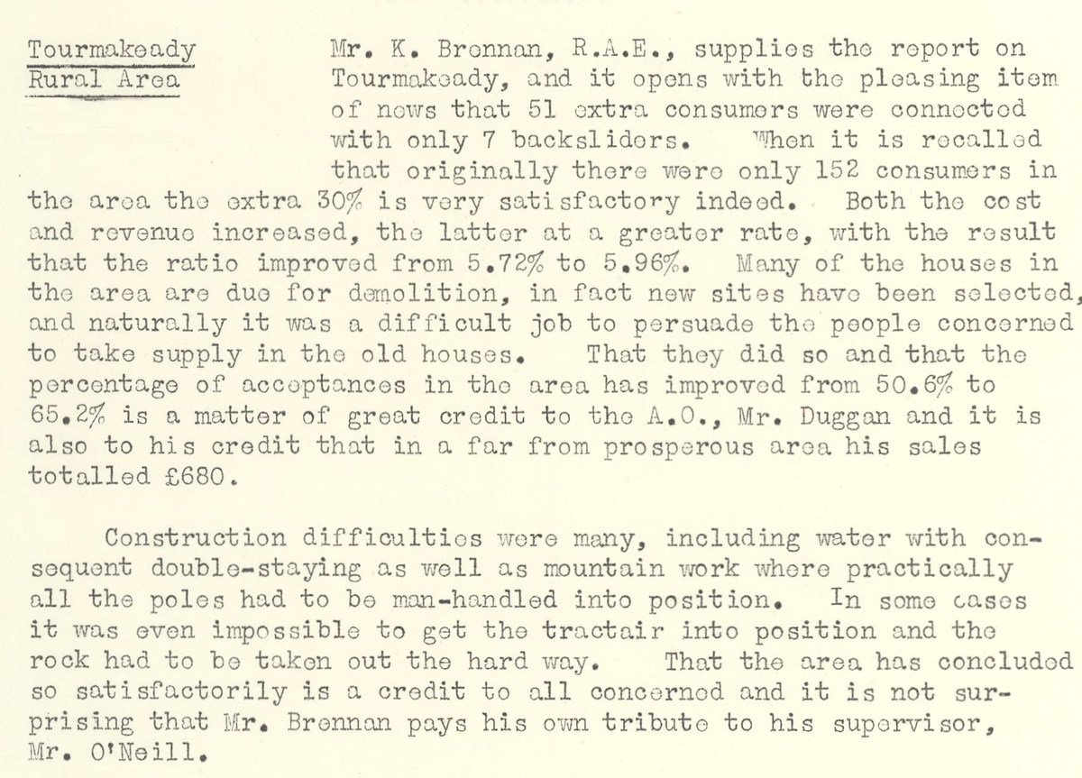 A scanned page from the ESB REO magazine about the Tourmakeady Rural Area.
