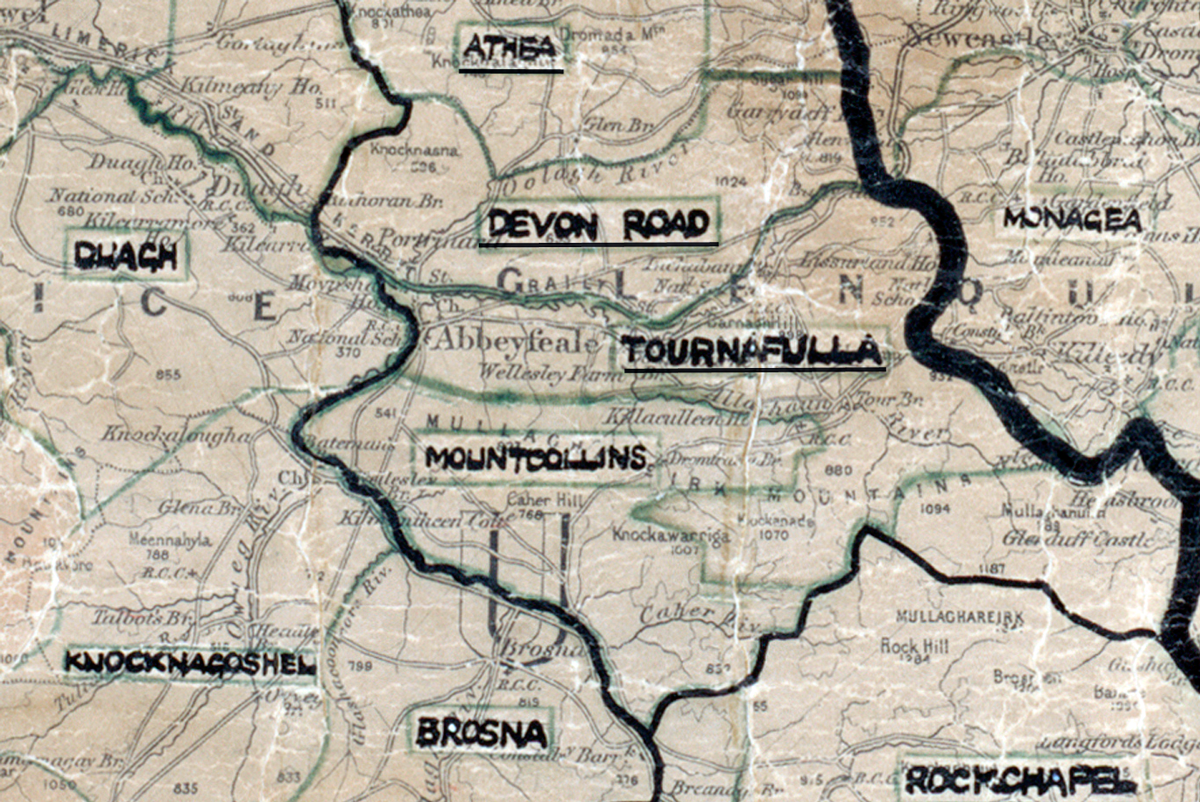 A scanned, worn historical map from the 1940s of the  rural electrification area around Tournafulla.