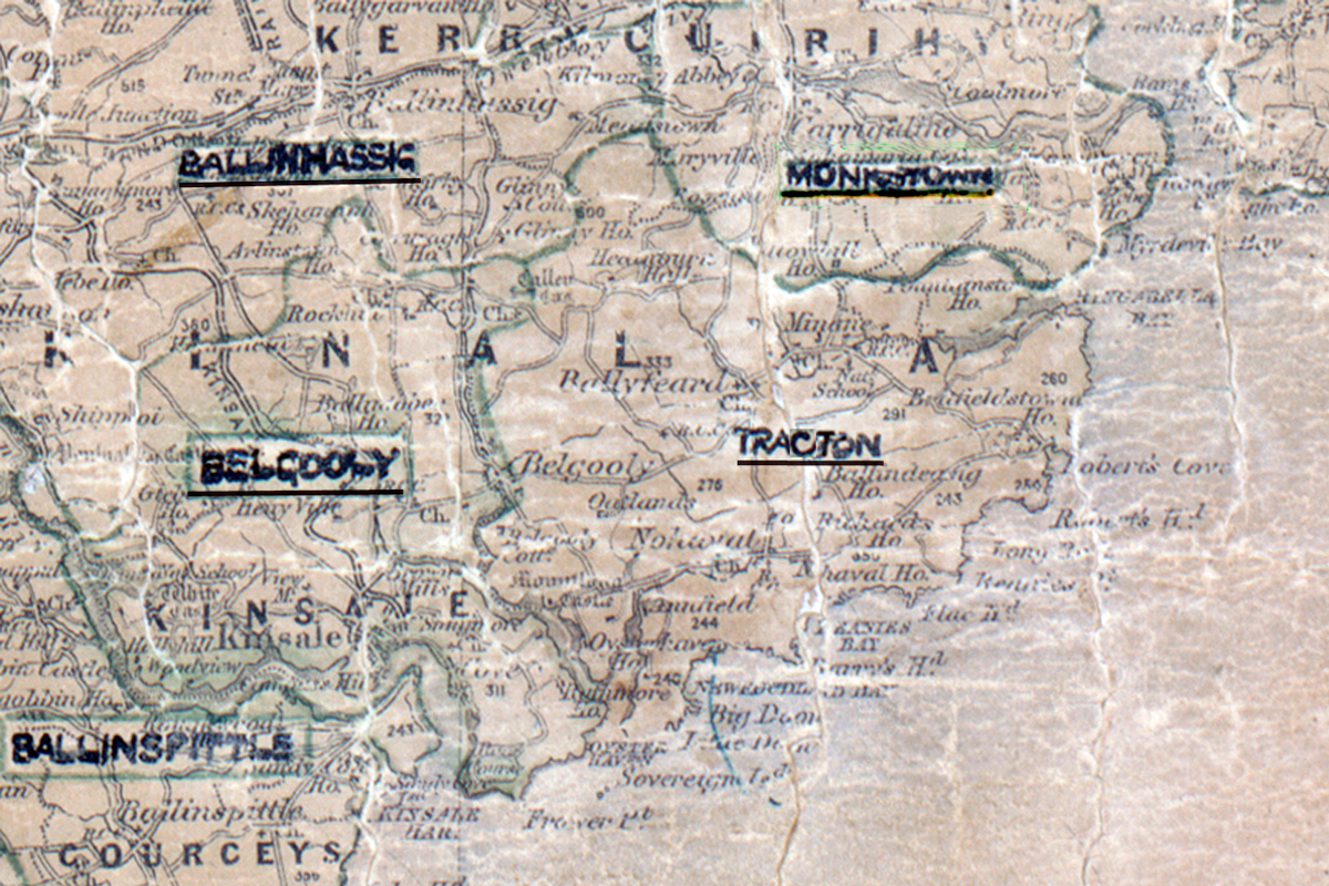 A scanned, worn historical map from the 1940s of the  rural electrification area around Tracton. A hand‑drawn boundary outlines the region, including Ballinhassig, Belgooly, Monkstown and Ballinspittle.