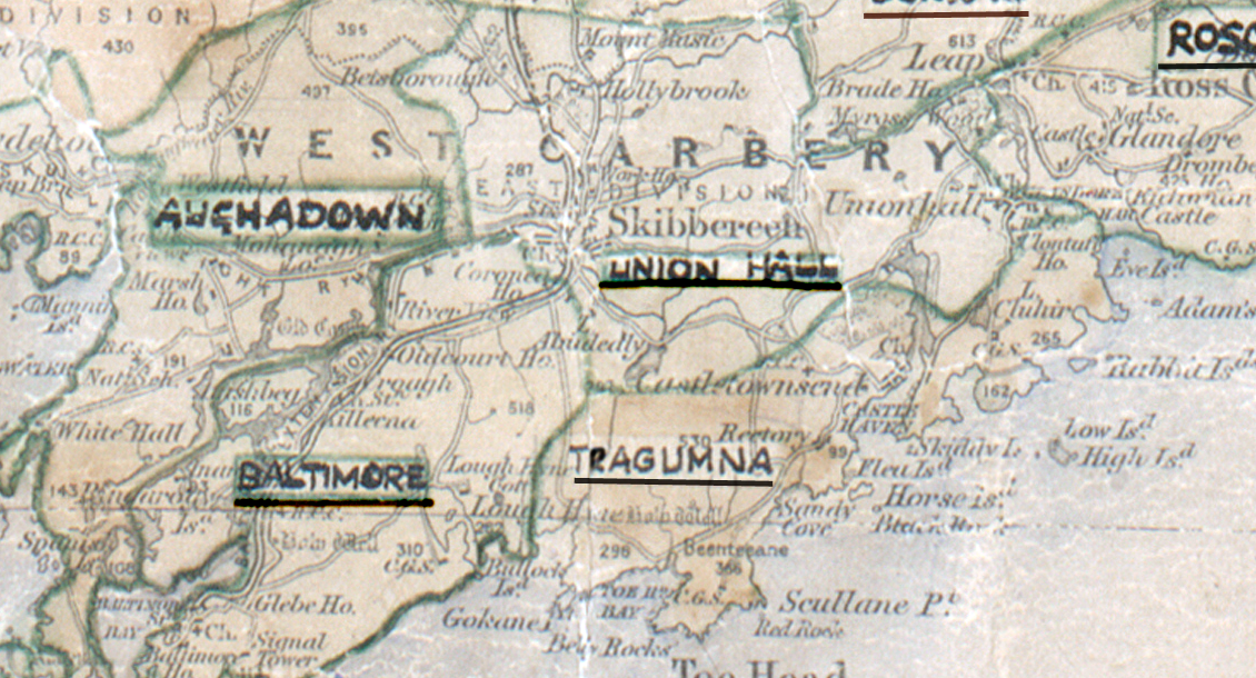 A scanned, worn historical map from the 1940s of the  rural electrification area around Tragumna. A hand‑drawn boundary outlines the region, including Aughadown, Union Hall and Baltimore.