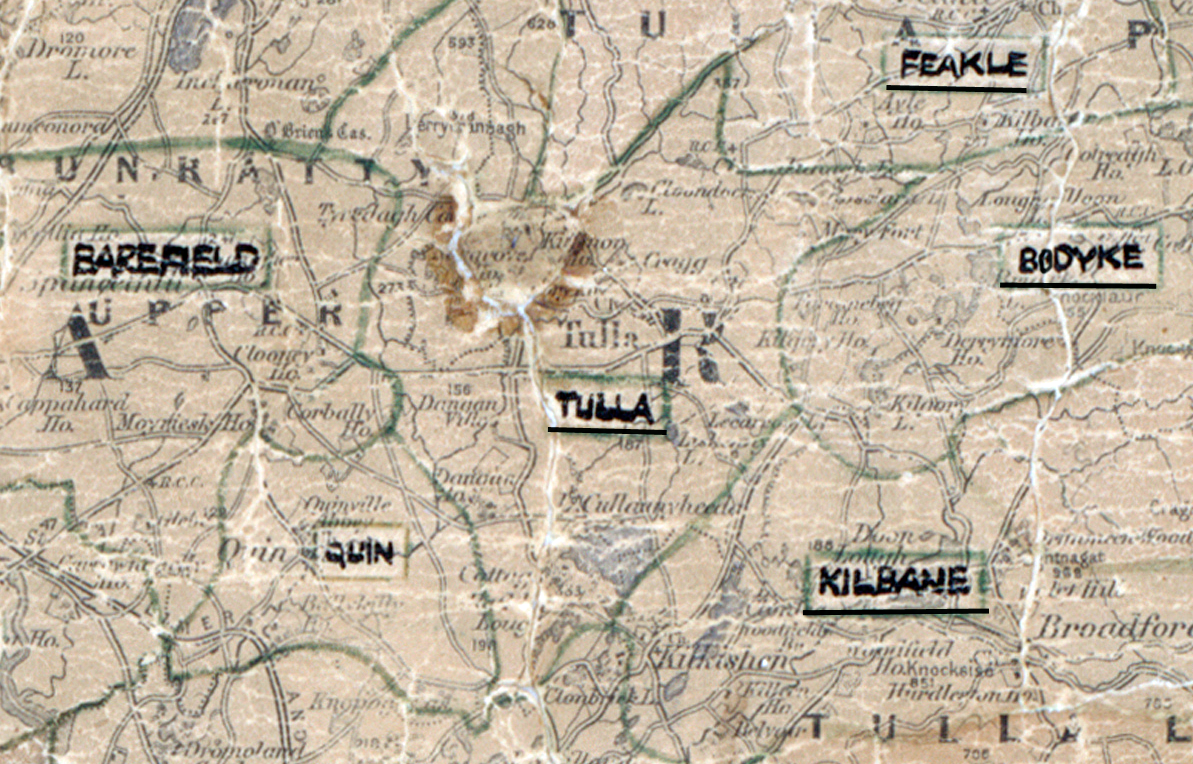 A scanned, worn historical map from the 1940s of the rural electrification area around Tulla. A hand‑drawn boundary outlines the region, including Barefield, Quin, Feakle, Bodyke, and Kilbane.