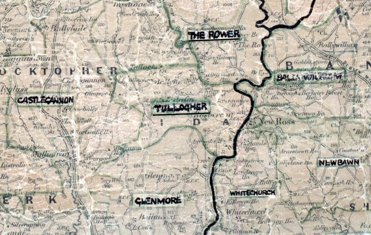 A scanned, worn historical map from the 1940s of the rural electrification area around Tullogher. A hand‑drawn boundary outlines the region, including The Rower, Glenmore, Ballywilliam, Newbawn, Whitechurch, and Castlecannon.