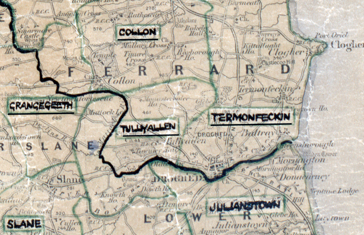 A scanned, worn historical map from the 1940s of the  rural electrification area around Tullyallen.