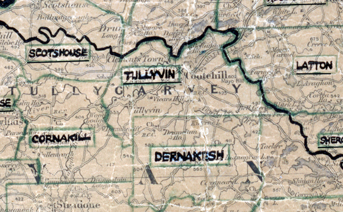 A scanned, worn historical map from the 1940s of the  rural electrification area around Tullyvin.