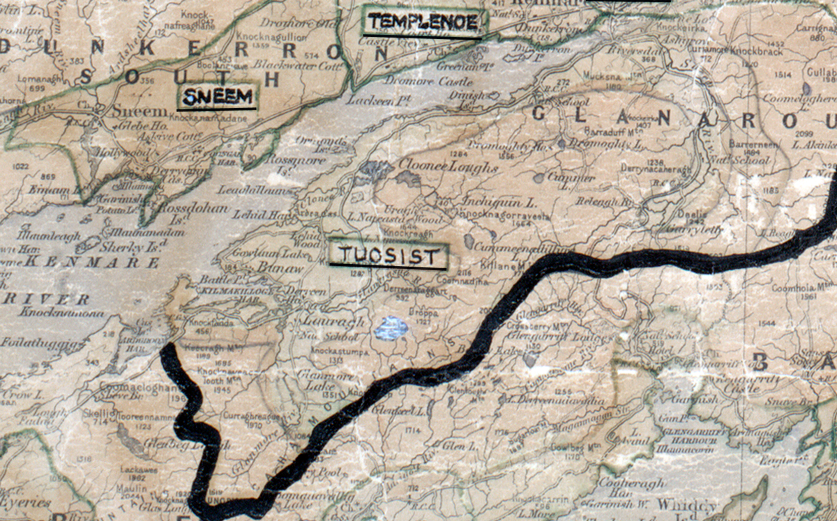 A scanned, worn historical map from the 1940s of the  rural electrification area around Tuosist. A  hand‑drawn boundary outlines the region.