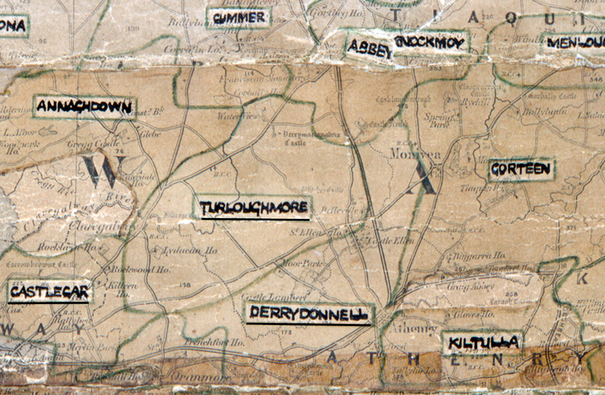 A scanned, worn historical map from the 1940s of the  rural electrification area around Turloughmore.