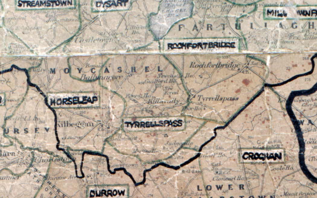 A scanned, worn historical map from the 1940s of the  rural electrification area around Tyrrellspass.