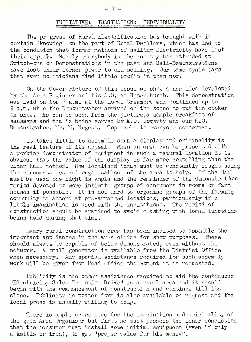 Article discussing new approaches to rural electrification demonstrations, including an early-morning appliance demonstration held at a creamery in Upperchurch.