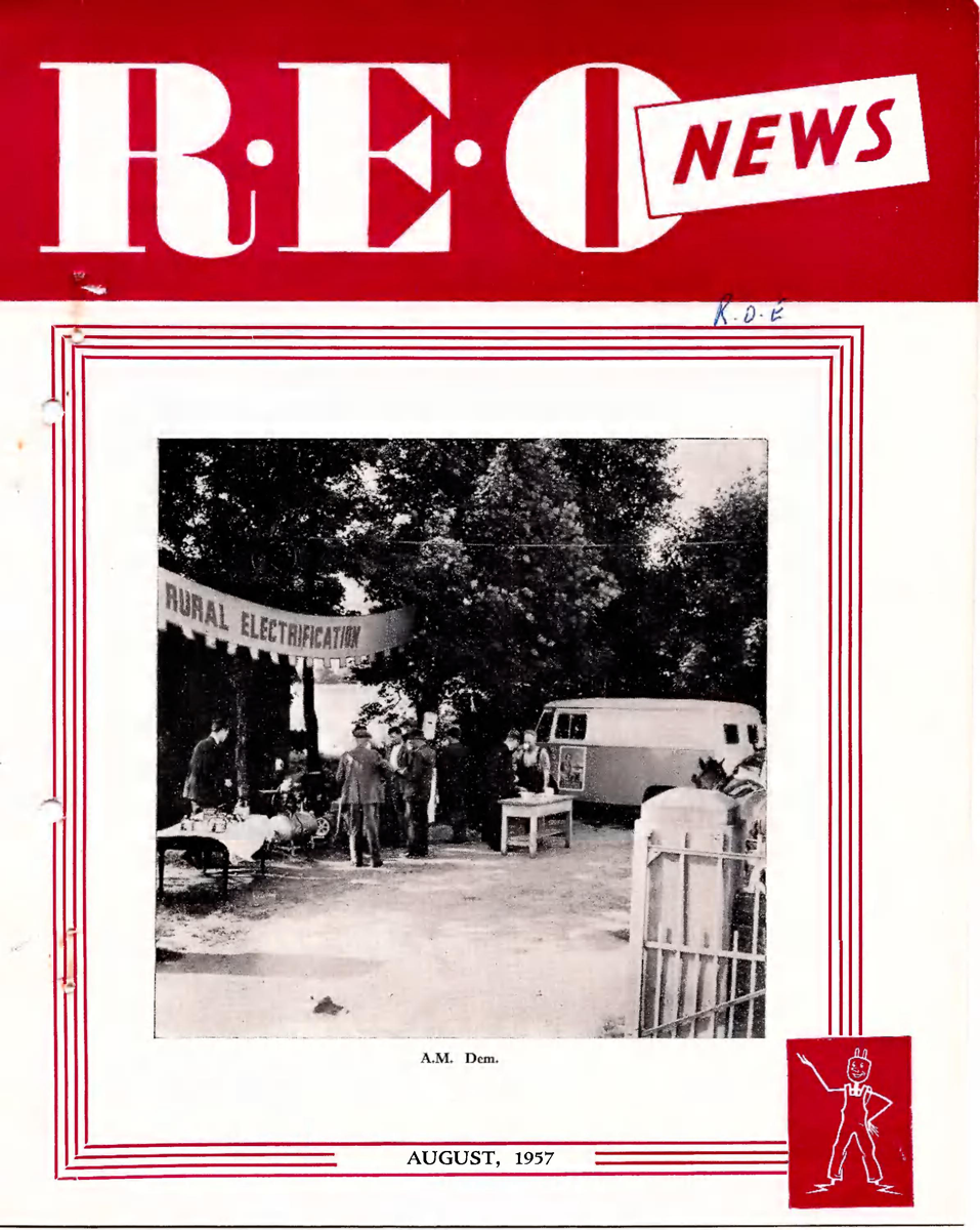 Cover of REO News, August 1957, featuring a photograph of an outdoor rural electrification demonstration with an ESB promotional vehicle and display area.
