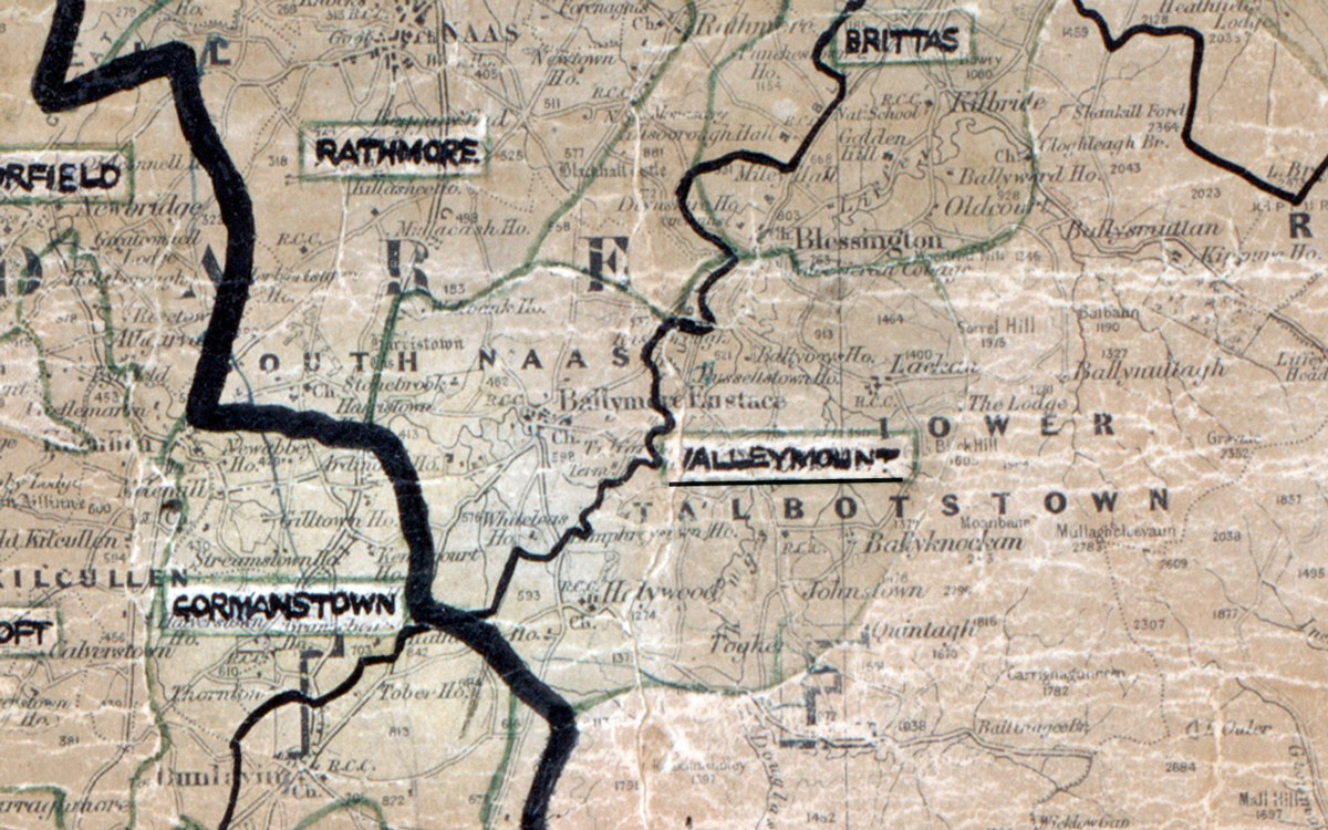A scanned, worn historical map from the 1940s of the rural electrification area around Valleymount. A hand‑drawn boundary outlines the region, including Rathmore, Brittas, and Gormanstown.