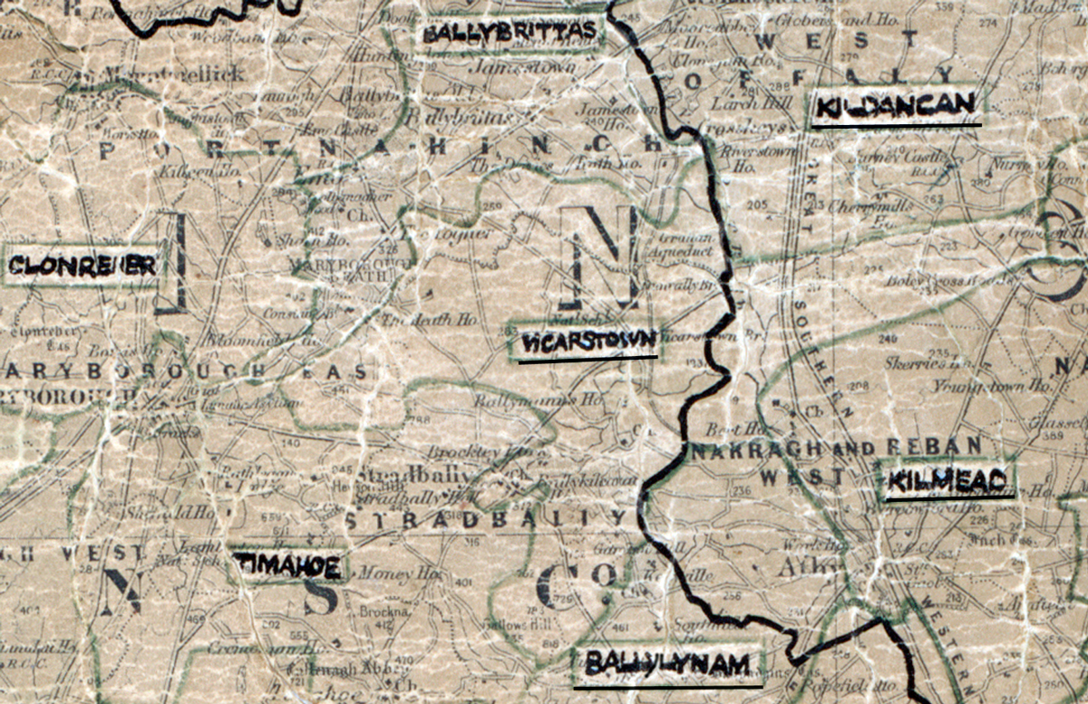 A scanned, worn historical map from the 1940s of the  rural electrification area around Vicarstown. A hand‑drawn boundary outlines the region, including Clonreher, Ballybrittas, Kildangan, Kilmeag, Ballynam and Timahoe.