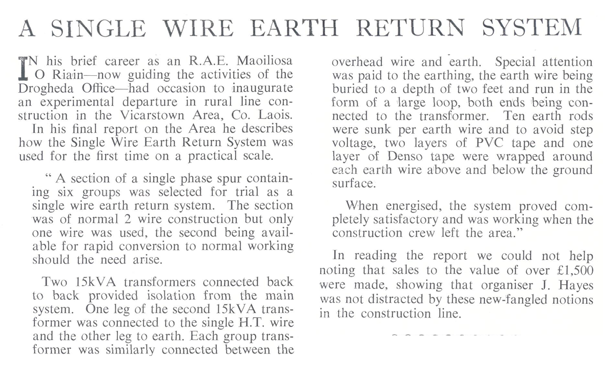 A scanned page from the ESB REO magazine about the Vicarstown Rural Area.