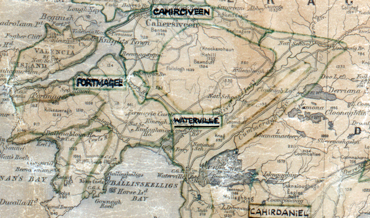 A scanned, worn historical map from the 1940s of the  rural electrification area around Waterville. A hand‑drawn boundary outlines the region, including Cahirciveen, Portmagee and Cahirdaniel.