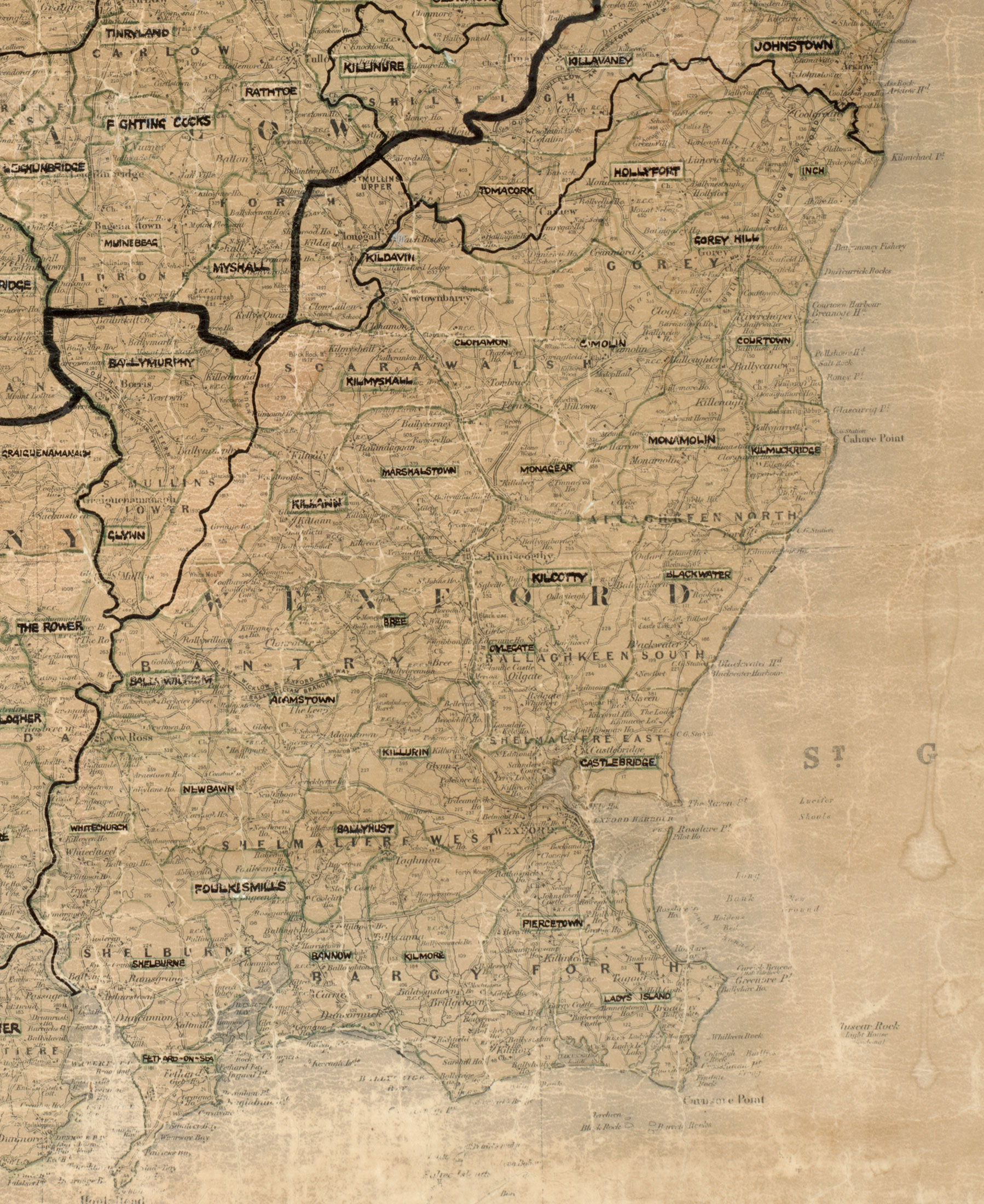Map showing rural electrification area boundaries in County Wexford, with labelled rural areas.