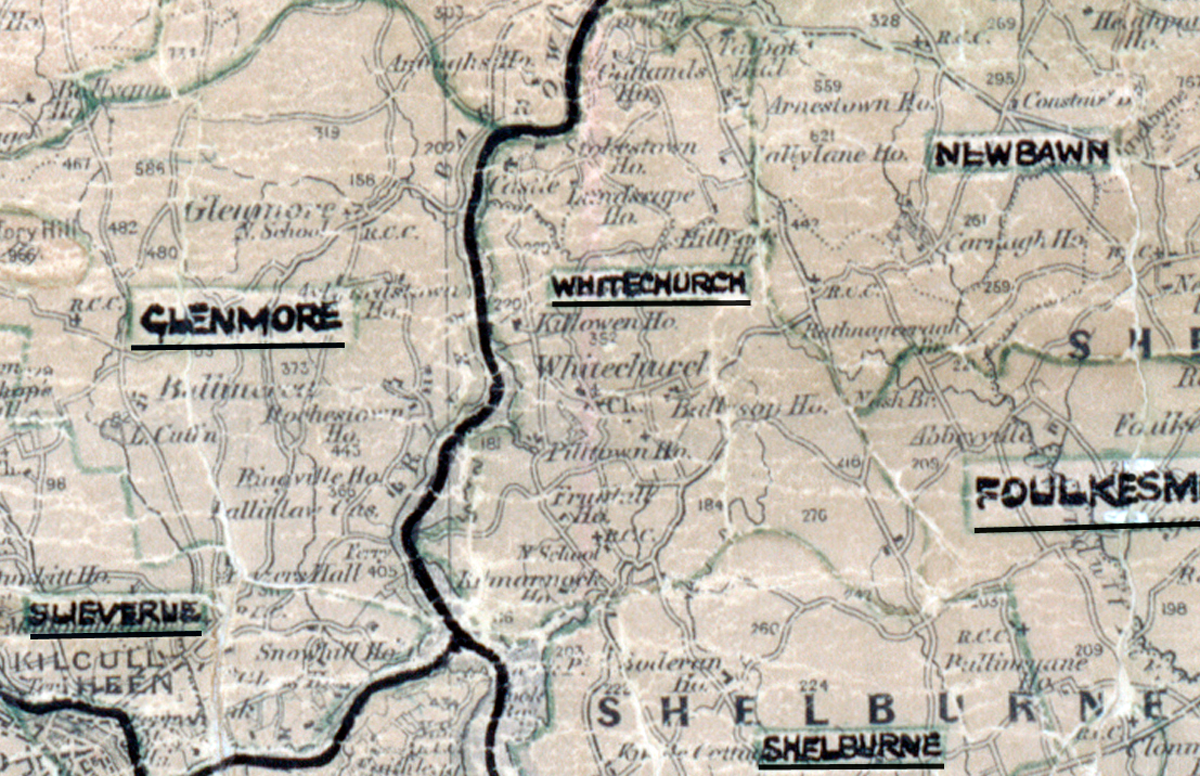 A scanned, worn historical map from the 1940s of the rural electrification area around Whitechurch. A hand‑drawn boundary outlines the region, including Hlenmore, Newbawn and Shelburne.