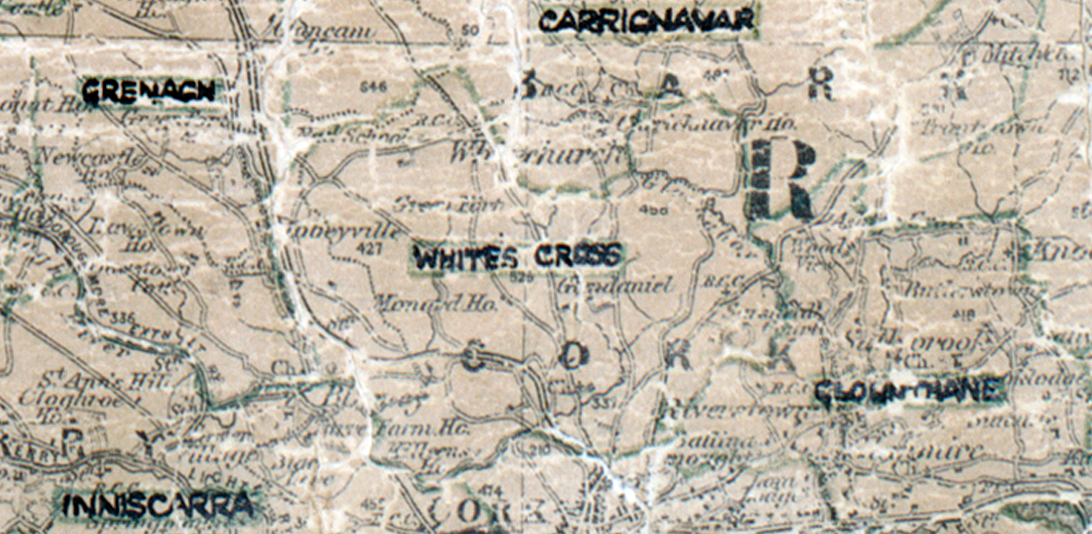 A scanned, worn historical map from the 1940s of the  rural electrification area around White's Cross. A hand‑drawn boundary outlines the region, including Grenagh, Carrignavar, Inniscarra, and Glounthane.