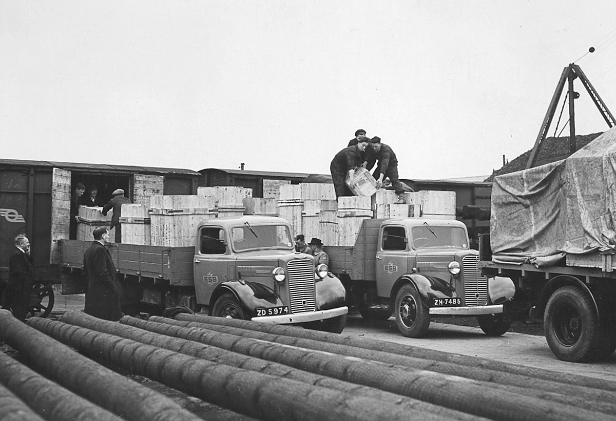 Black-and-white photograph showing ESB flatbed lorries being loaded with crated equipment from railway wagons in a freight yard.